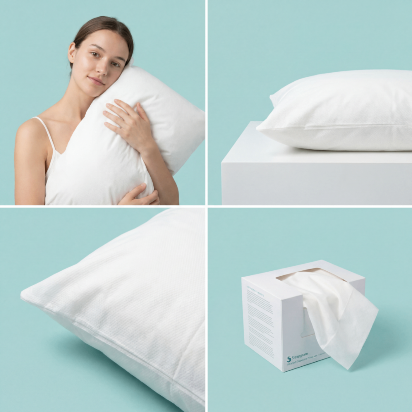 Detail views of Sleepgram disposable pillowcase texture and packaging
