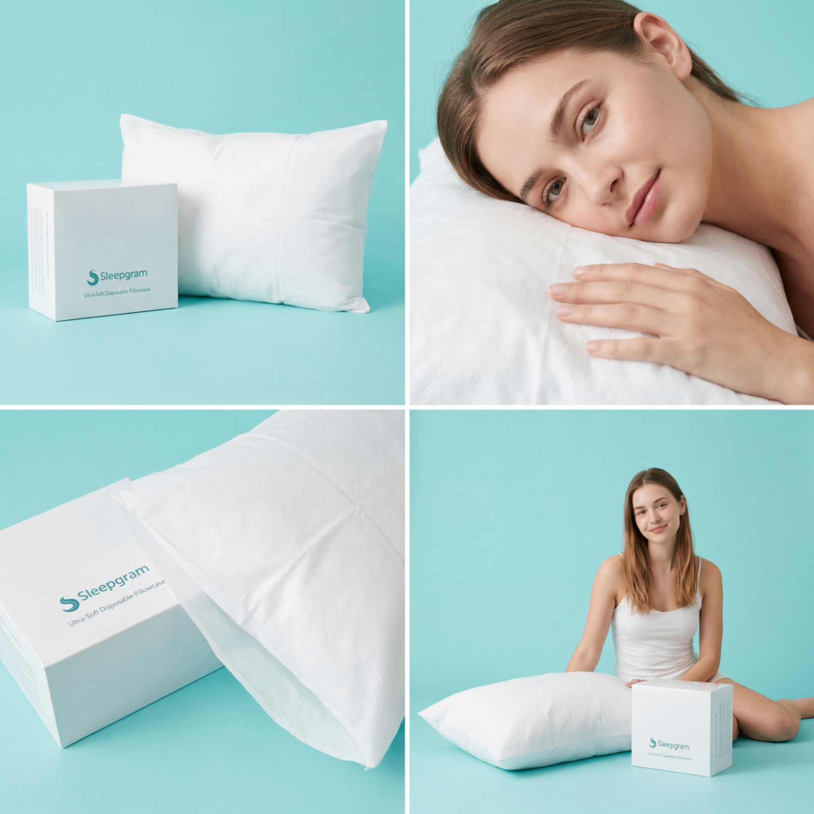 Sleepgram lifestyle: pillow and box, close-up of woman resting cheek on fresh case