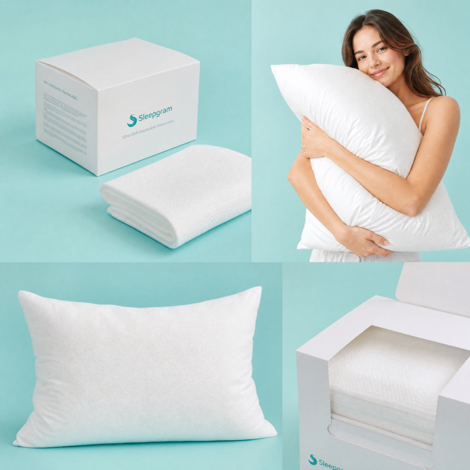 Sleepgram lifestyle: smiling with fresh pillow, folded case beside box