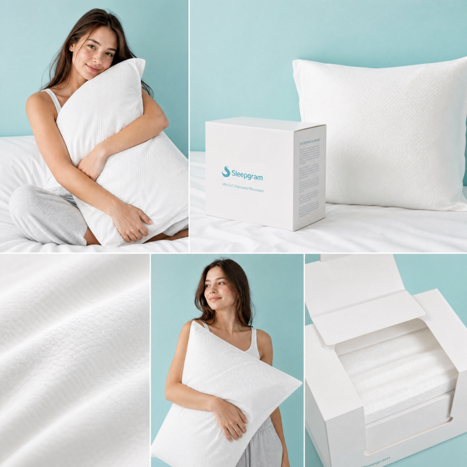 Sleepgram lifestyle: hugging pillow on bed, box detail, fabric close-up