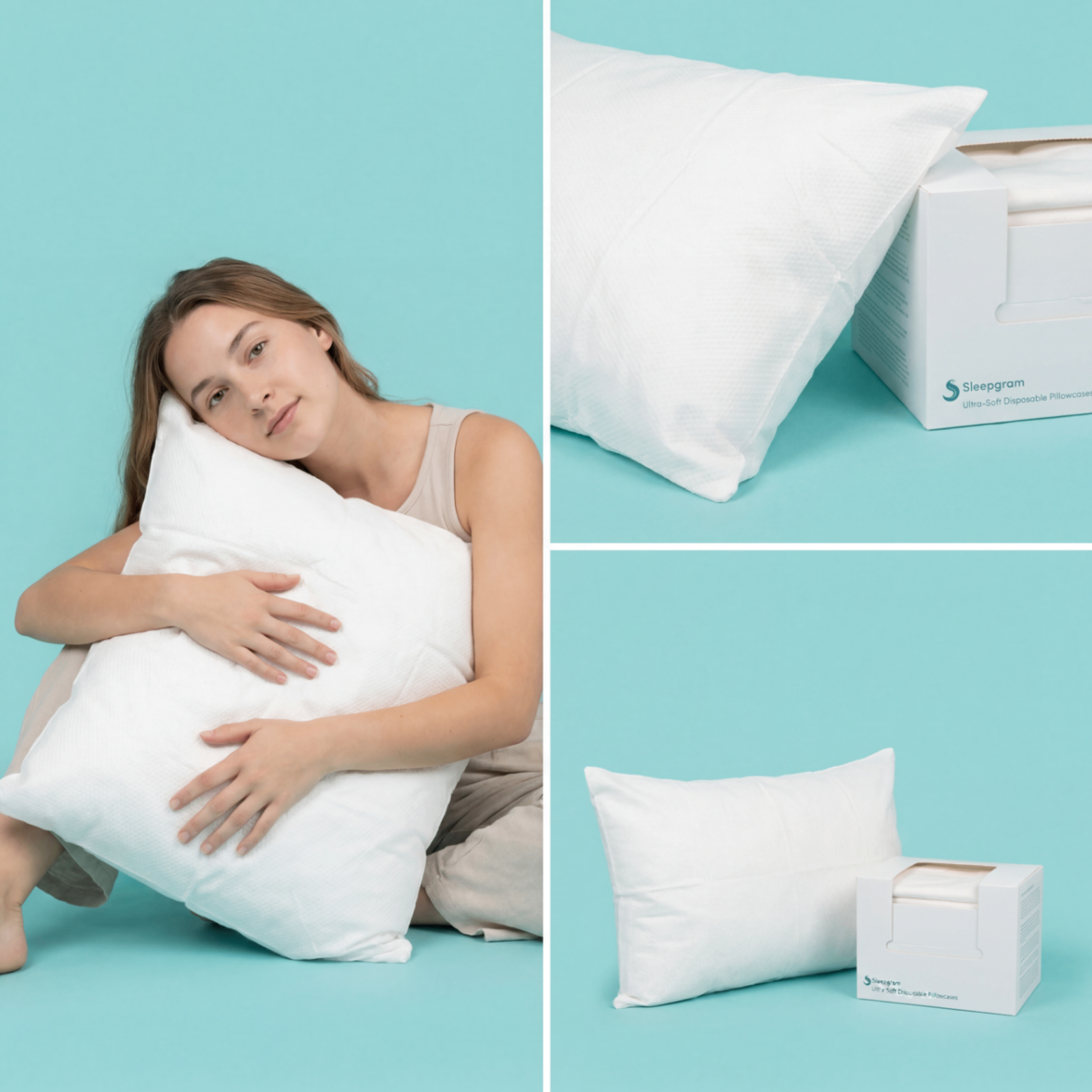 Sleepgram lifestyle: woman hugging pillow, box and pillow side-by-side