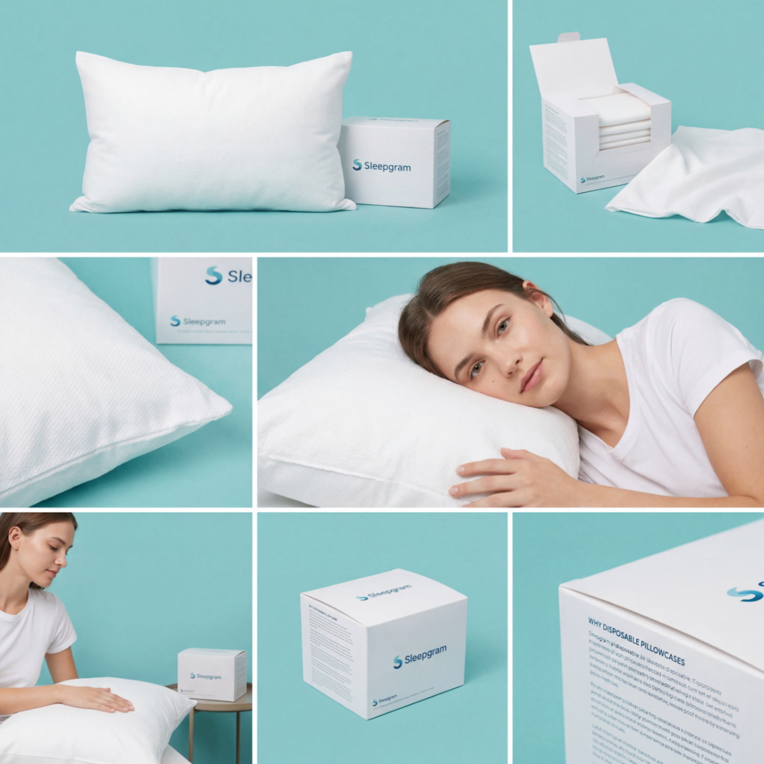 Sleepgram lifestyle: pillow and box, dispensing a fresh case, resting on pillow